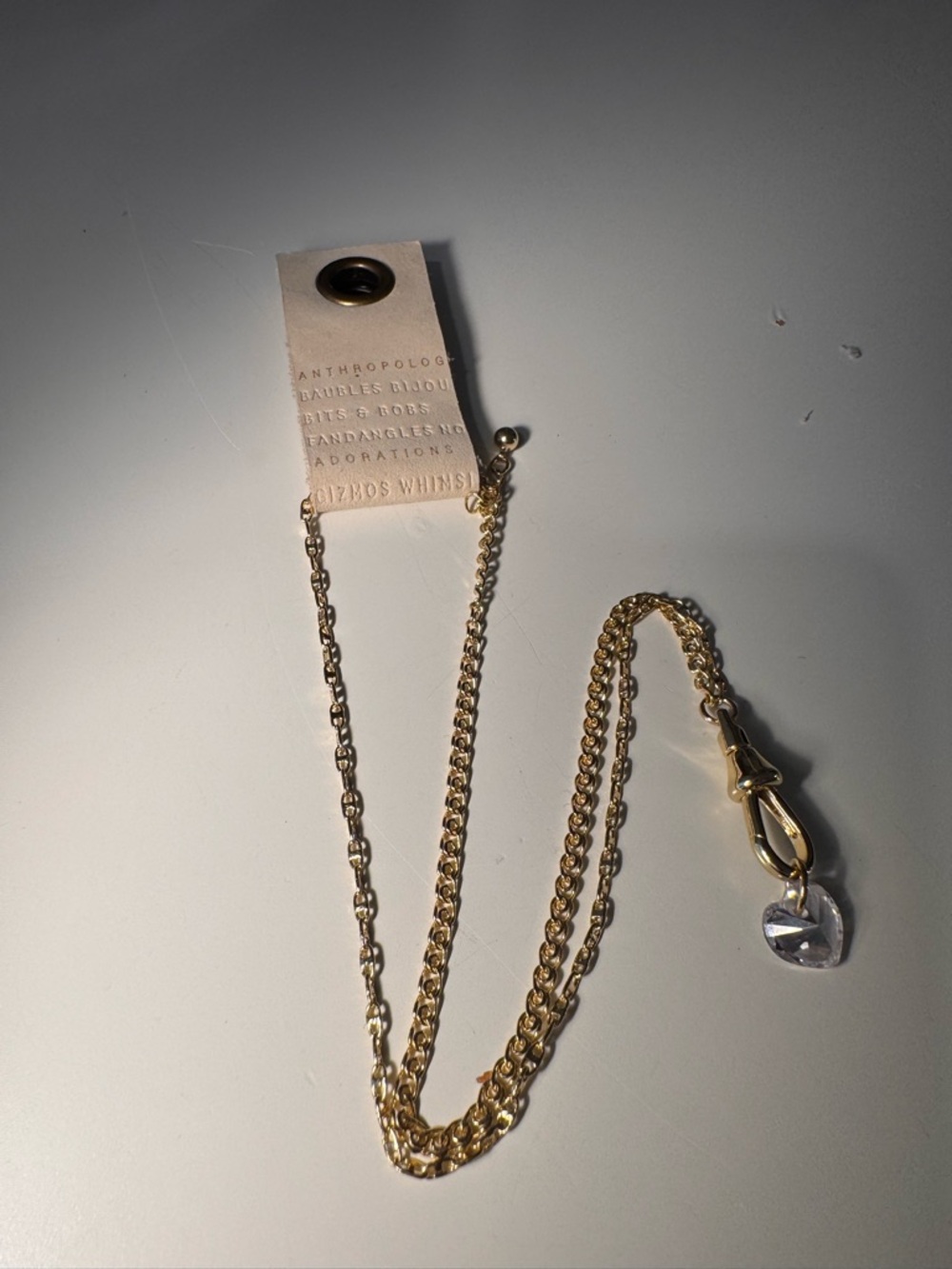 Anthropologie Gold Double Chain Lanyard with Clear Crystal Charm
